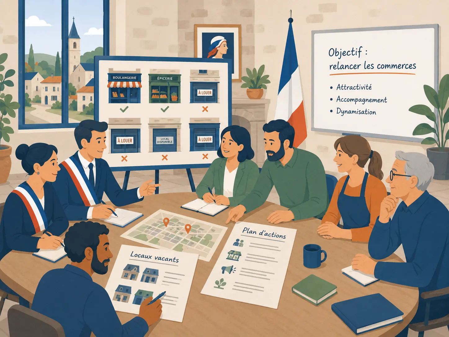 Réunion municipale avec le plan des locaux vacants et l'objectif de relance des commerces