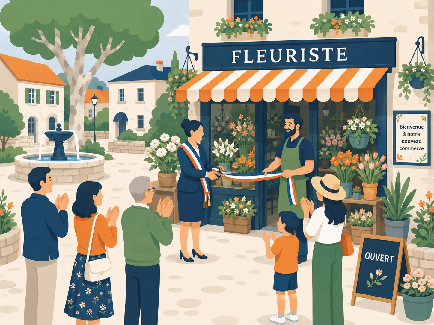 Inauguration d'un nouveau fleuriste sur la place du village, avec l'affiche « Bienvenue à notre nouveau commerce »