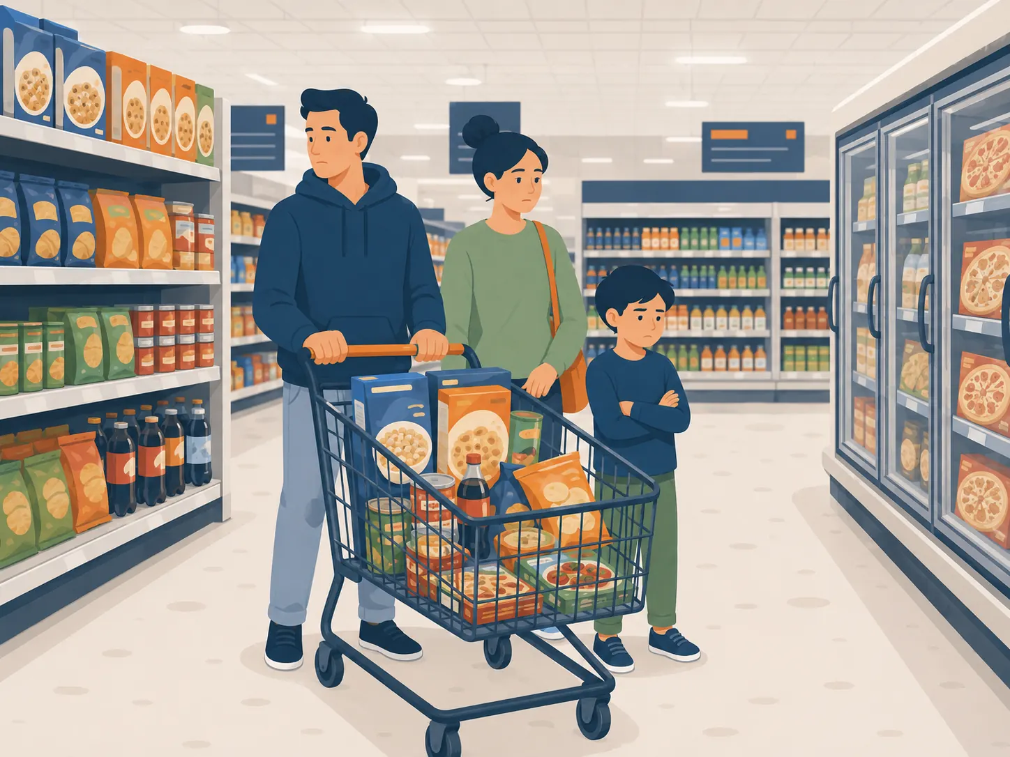 Famille faisant ses courses dans les rayons d'un supermarché standardisé