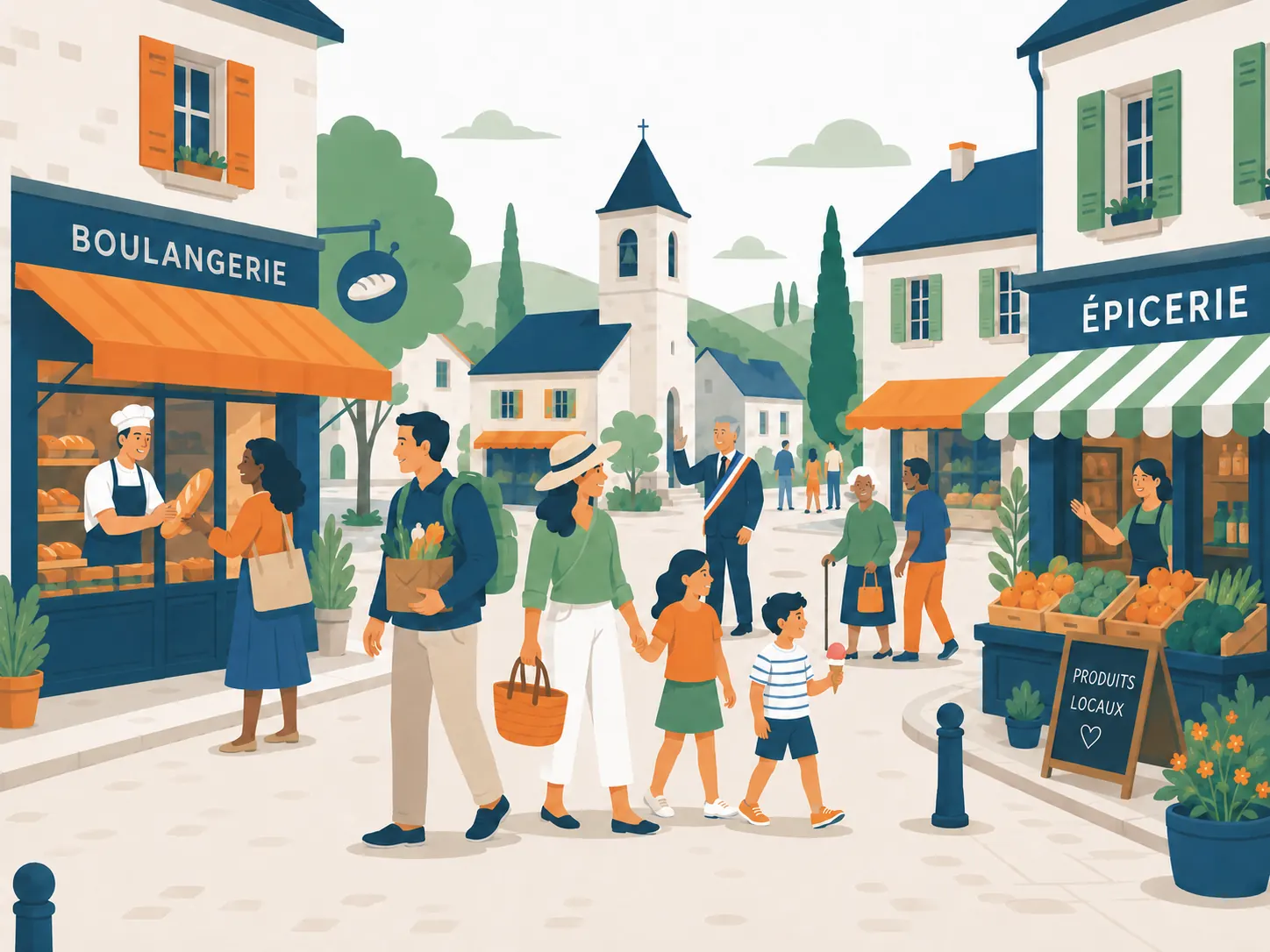 Rue de village animée : boulangerie et épicerie fréquentées, familles de voyageurs et camping-car garé à proximité