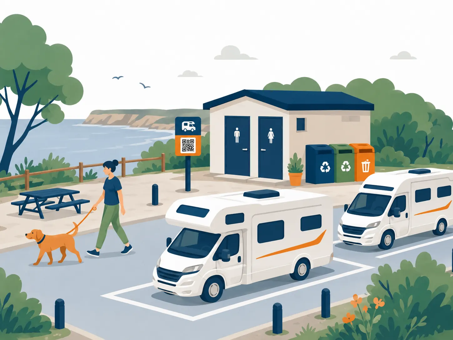Aire de stationnement équipée en bord de mer : sanitaires, poubelles de tri sélectif, table de pique-nique et camping-cars