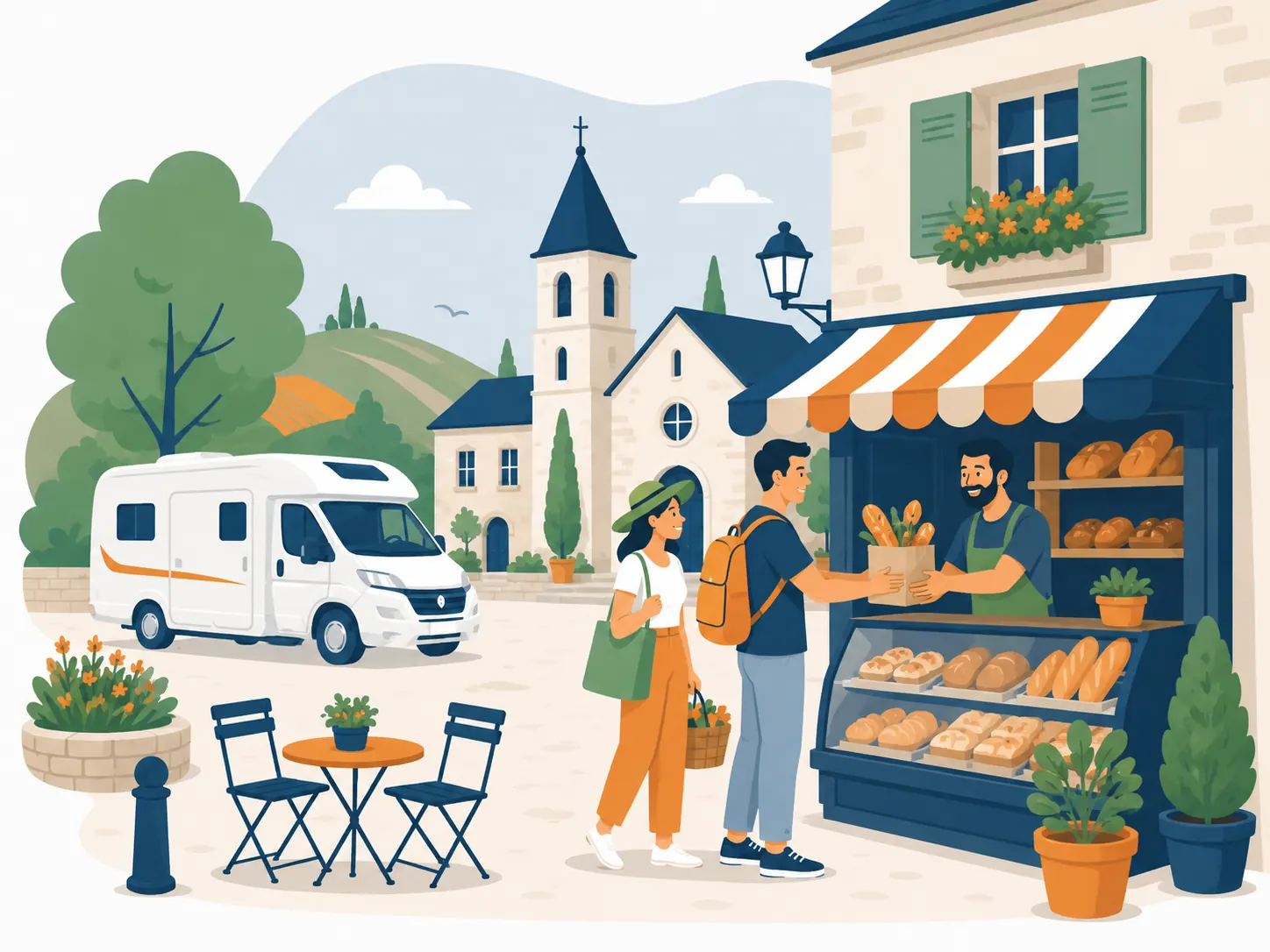 Illustration d'un couple de voyageurs achetant du pain à une boulangerie de village avec leur camping-car en arrière-plan