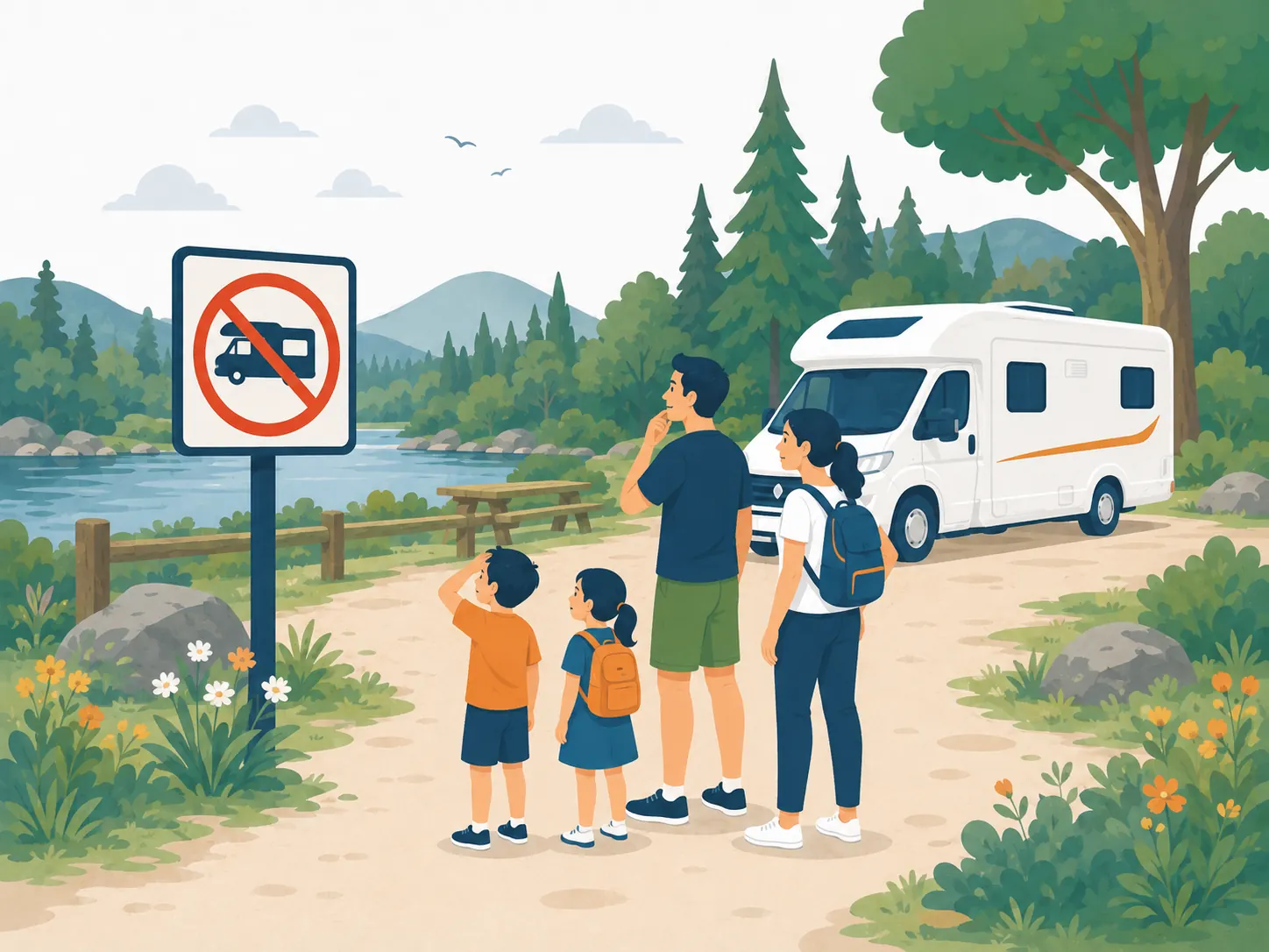 Famille en camping-car découvrant un panneau interdisant le stationnement au bord d'un lac