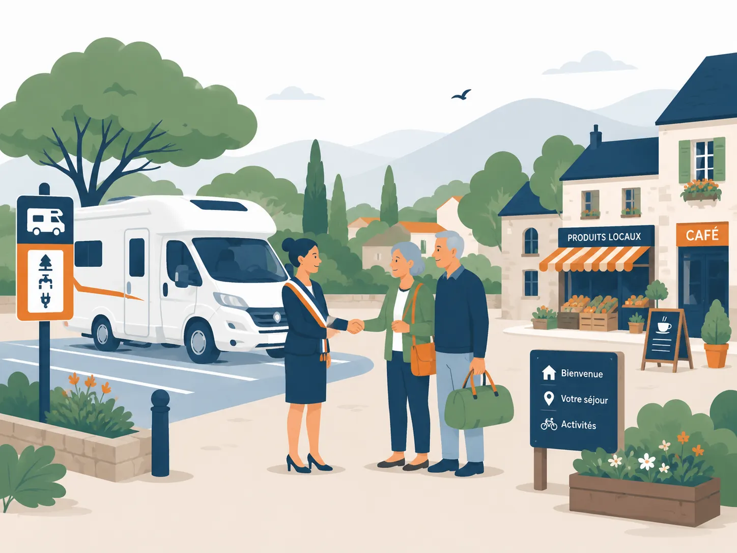 La maire accueille personnellement un couple de voyageurs à leur arrivée, devant les commerces « Produits locaux » et « Café »