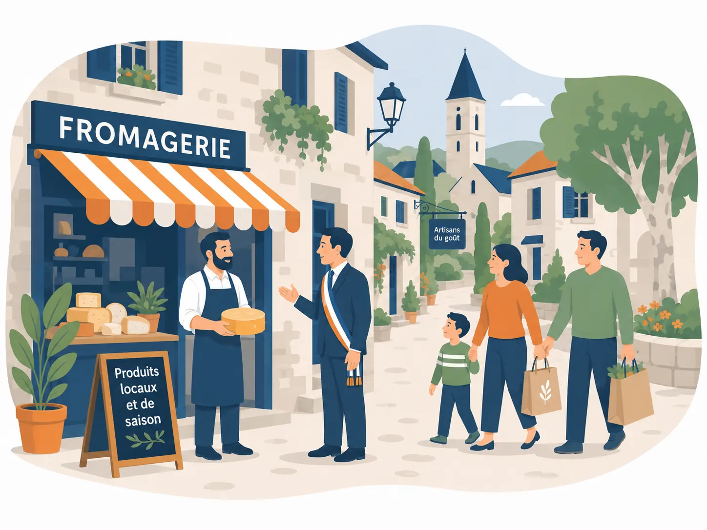 Le maire dans l'épicerie du village devant l'affichette « Soutenons notre dernière épicerie »