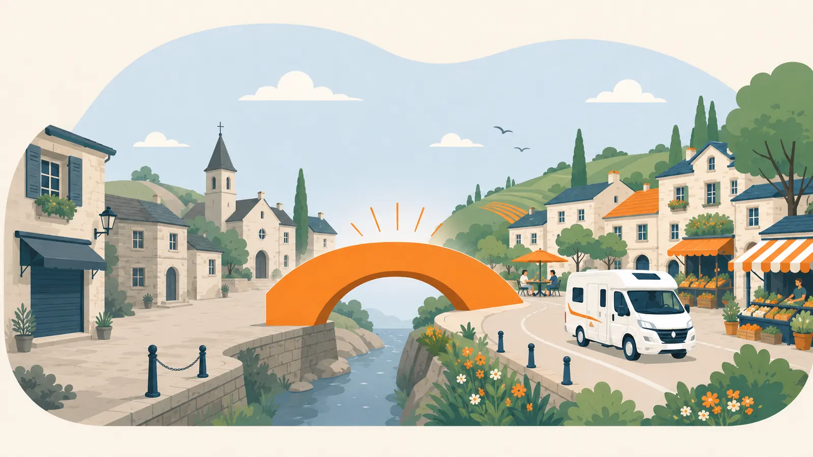 Illustration d'un village rural relié à un camping-car par un pont orange symbolisant le lien créé par TRAVILI