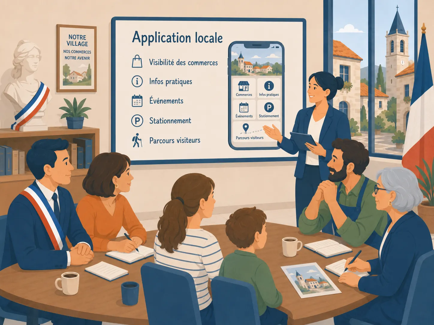 Présentation en mairie de l'application locale : visibilité des commerces, infos pratiques, événements, stationnement et parcours visiteurs