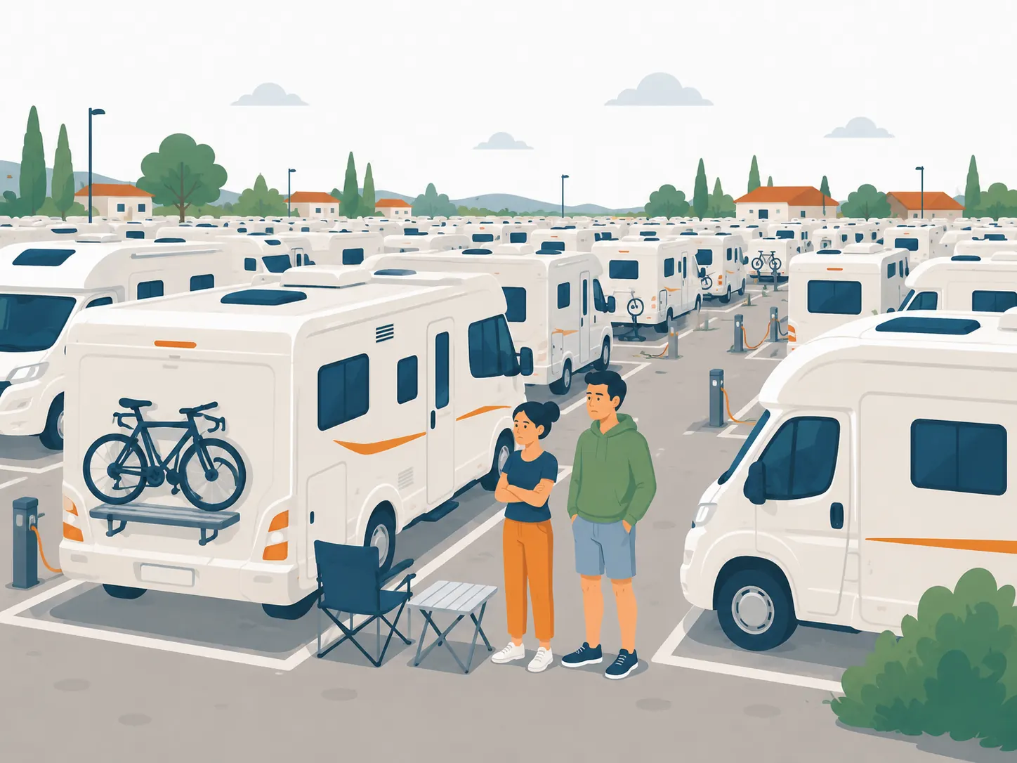 Couple de voyageurs dans un camping saturé de camping-cars serrés les uns contre les autres