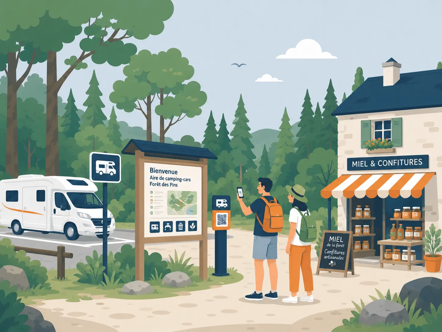 Panneau d'accueil de l'aire de camping-cars « Forêt des Pins » et borne QR TRAVILI, avec des voyageurs découvrant une boutique de miel et confitures
