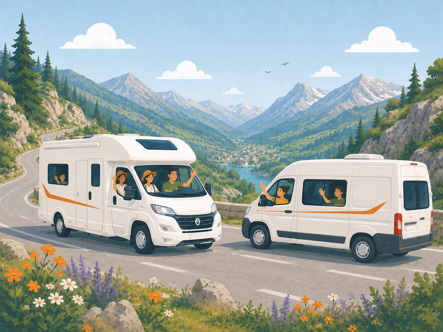 Illustration d'un van aménagé sur la route vers une destination