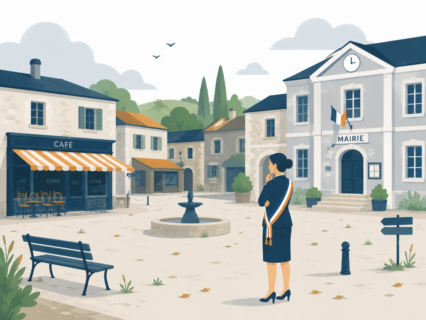 Place de village déserte, café aux volets fermés et maire pensif devant la mairie