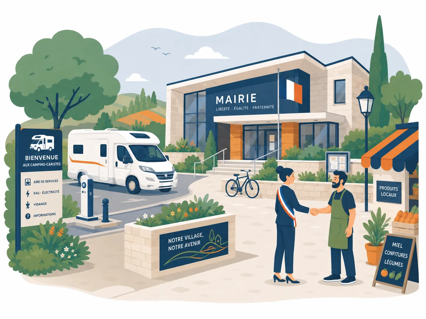 Devant la mairie : borne de services pour camping-cars, panneau d'accueil et poignée de main entre la maire et un producteur local