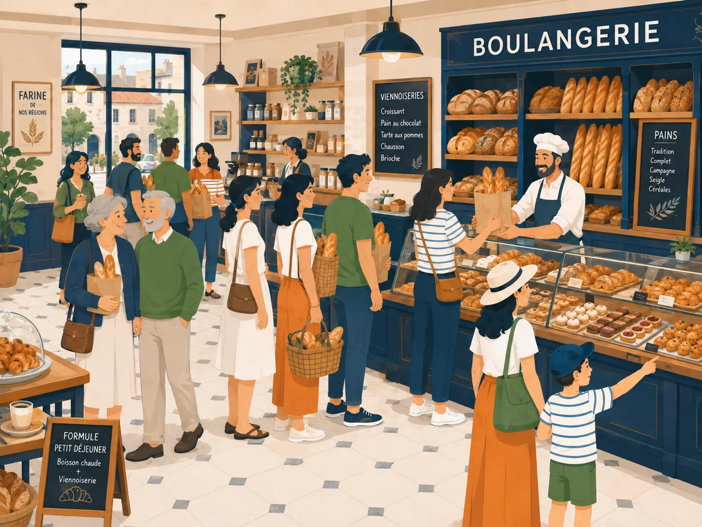 Inauguration d'une nouvelle boulangerie : le maire coupe le ruban avec la boulangère, affiche « Nouvelle vie pour notre village »