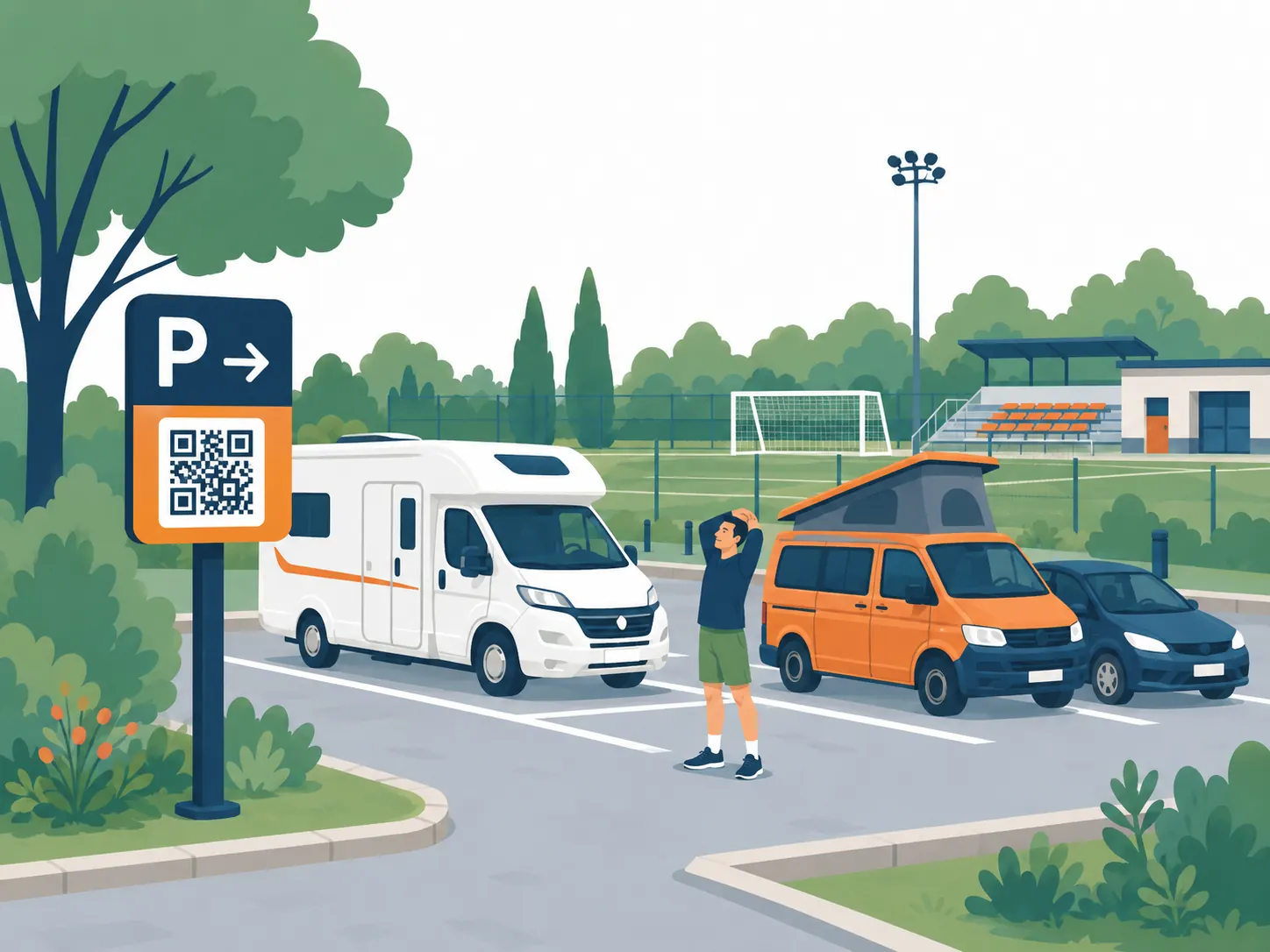 Parking d'un terrain de sport accueillant un camping-car et un van, avec panneau de stationnement et QR code