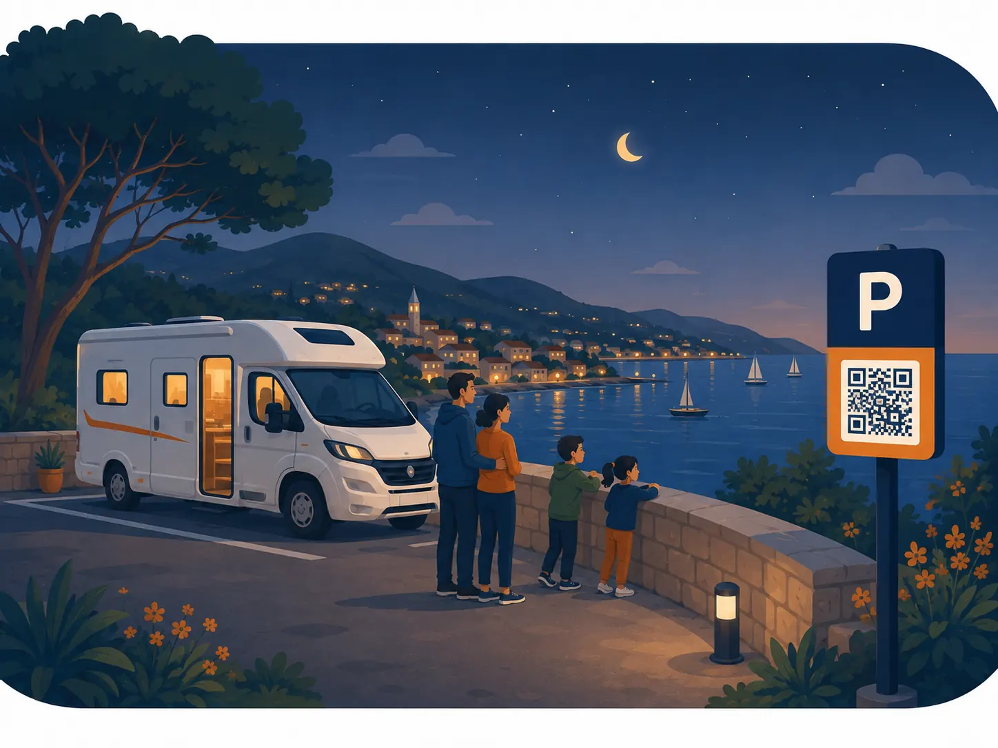 Illustration d'un camping-car stationné en bord de mer au crépuscule avec un panneau de parking TRAVILI