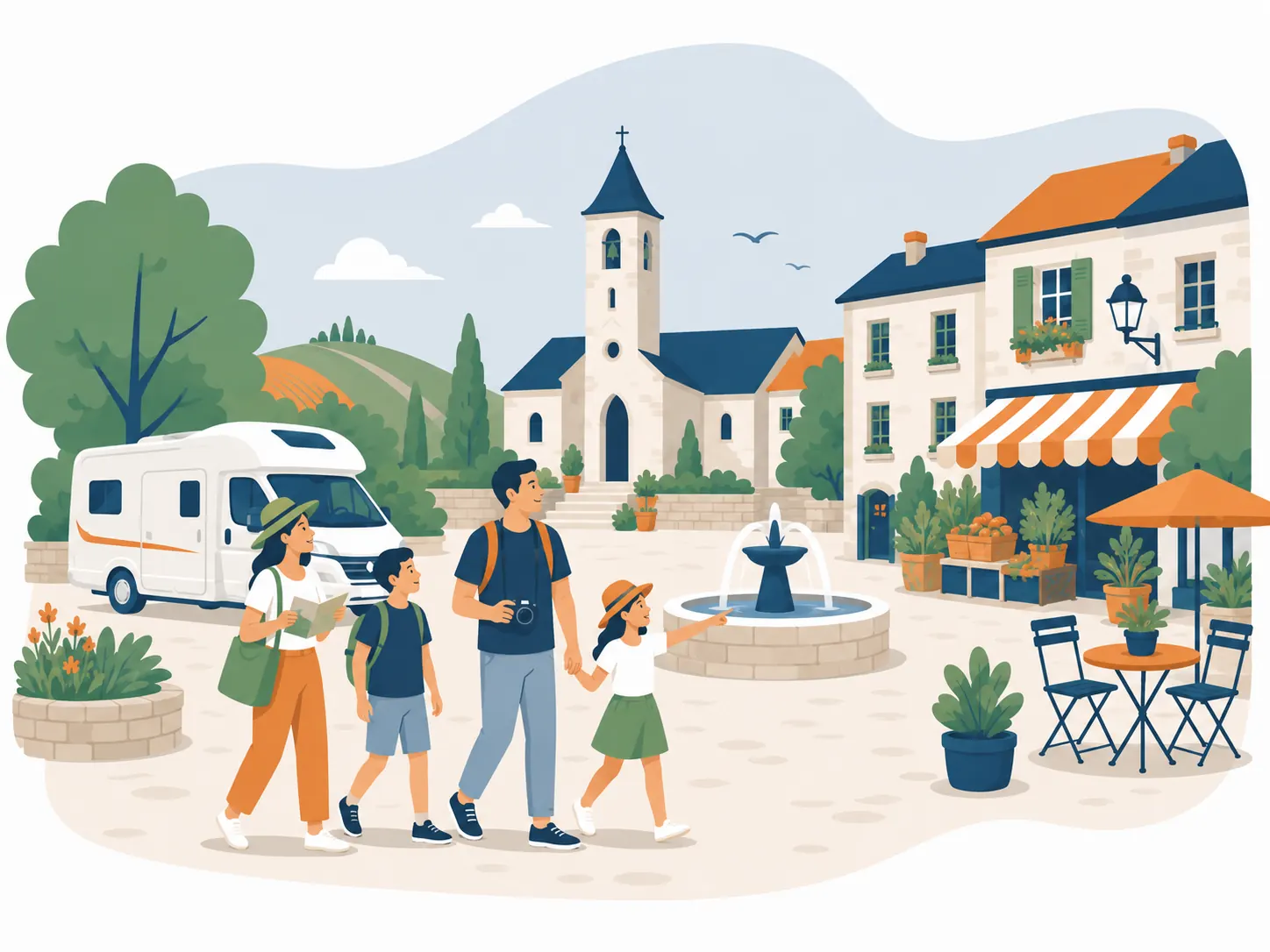 Illustration d'une famille de voyageurs découvrant un village rural avec son église, sa fontaine et ses commerces