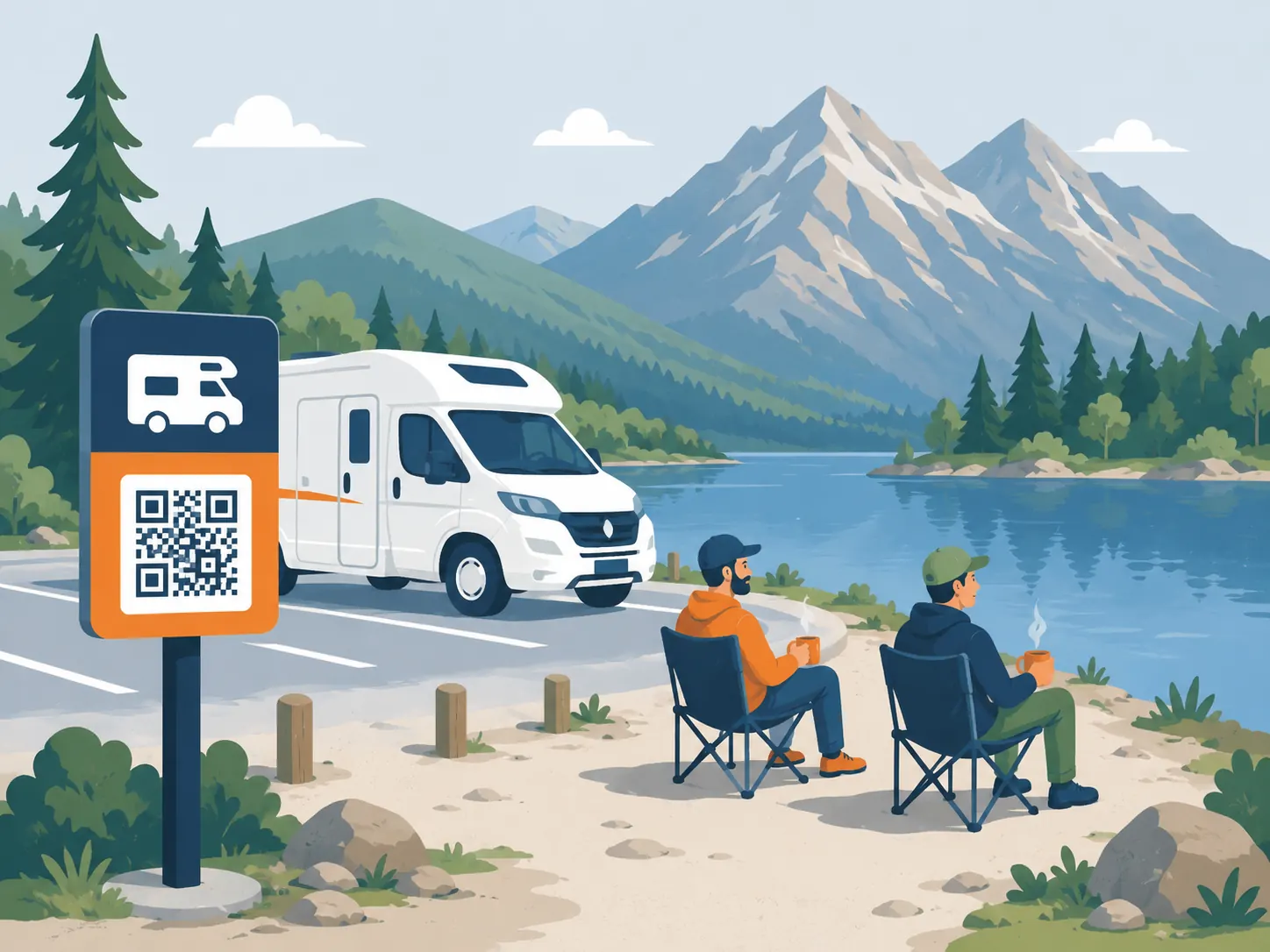 Aire de stationnement simple au bord d'un lac de montagne : deux voyageurs installés avec leur café, aucun service aménagé