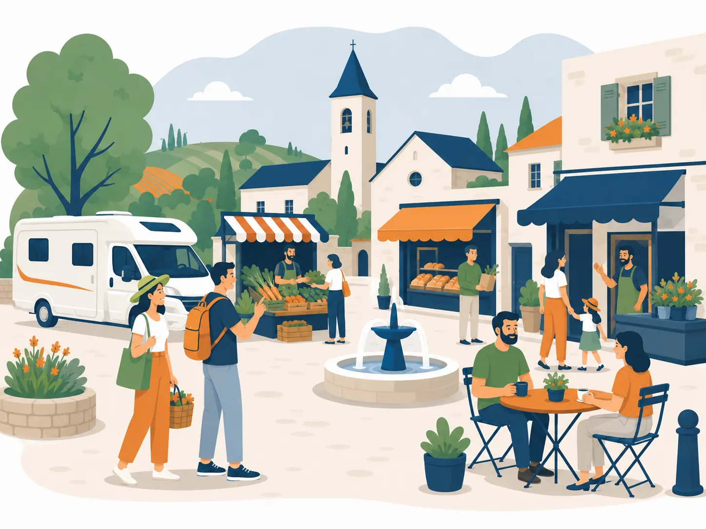 Place de village vivante : étal de marché, fontaine et terrasse de café animée, avec un camping-car stationné