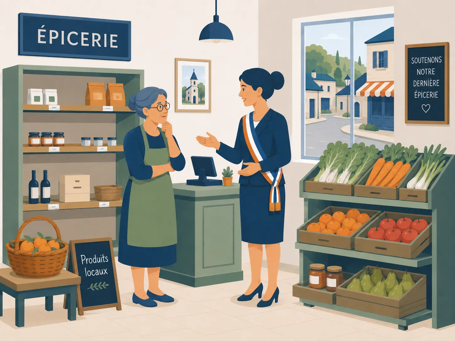 Le maire échange avec un commerçant devant son étal, camping-cars stationnés à l'arrière-plan