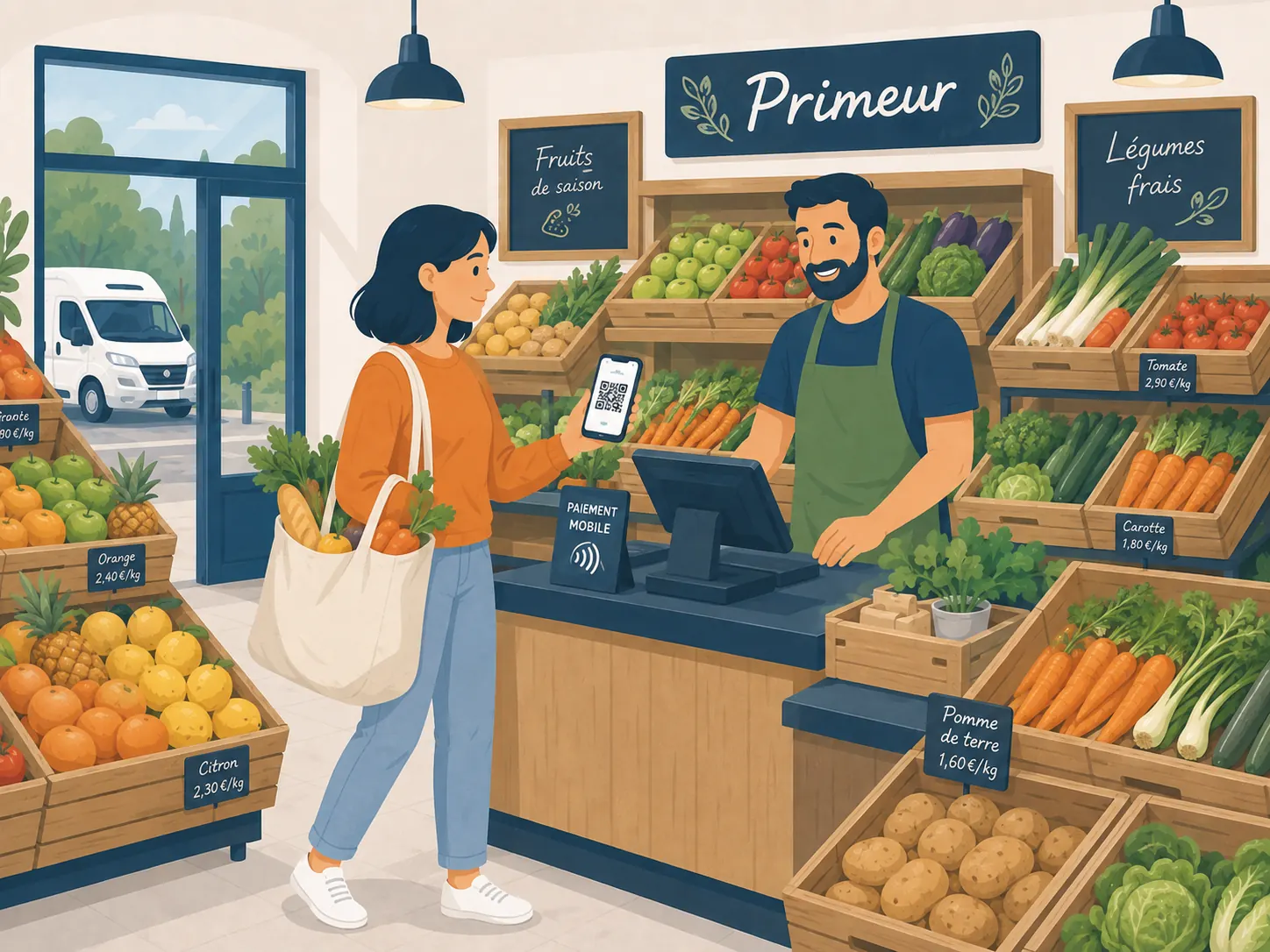 Voyageuse payant ses courses locales au primeur du village avec le QR code TRAVILI