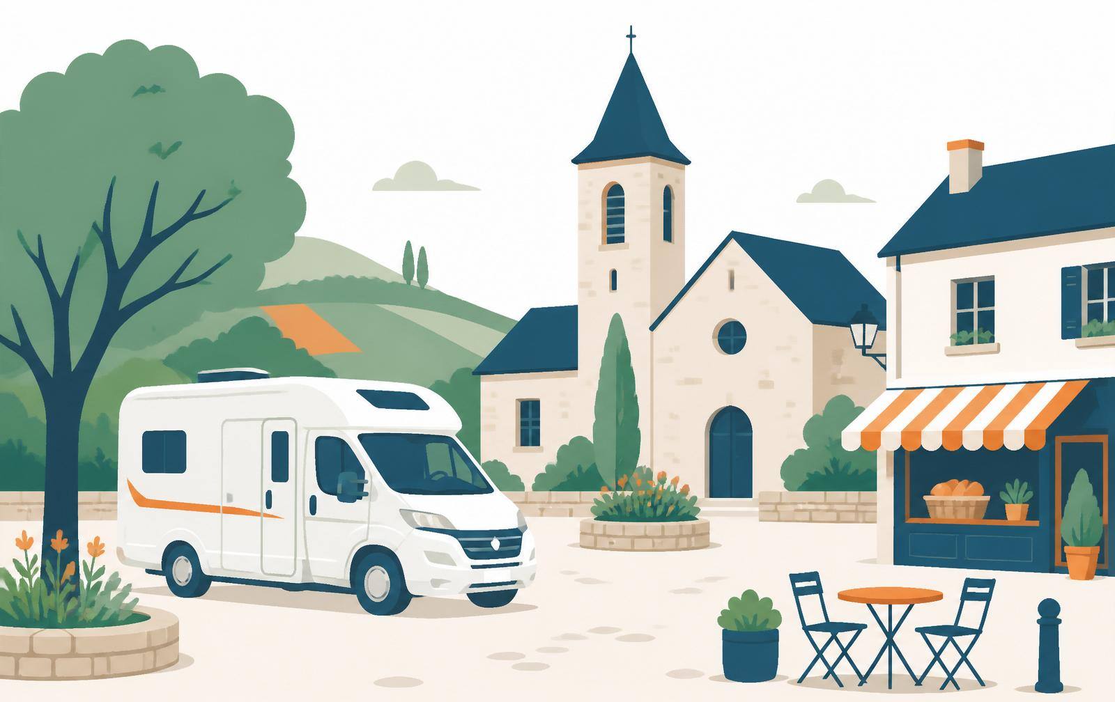 Camping-car stationné sur la place d'un village rural avec son église et sa boulangerie