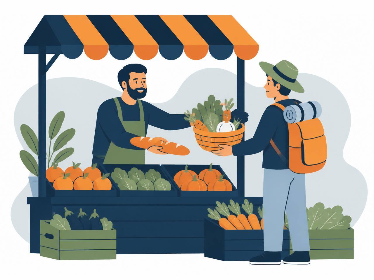 Illustration d'un commerçant remettant du pain et des légumes à un voyageur