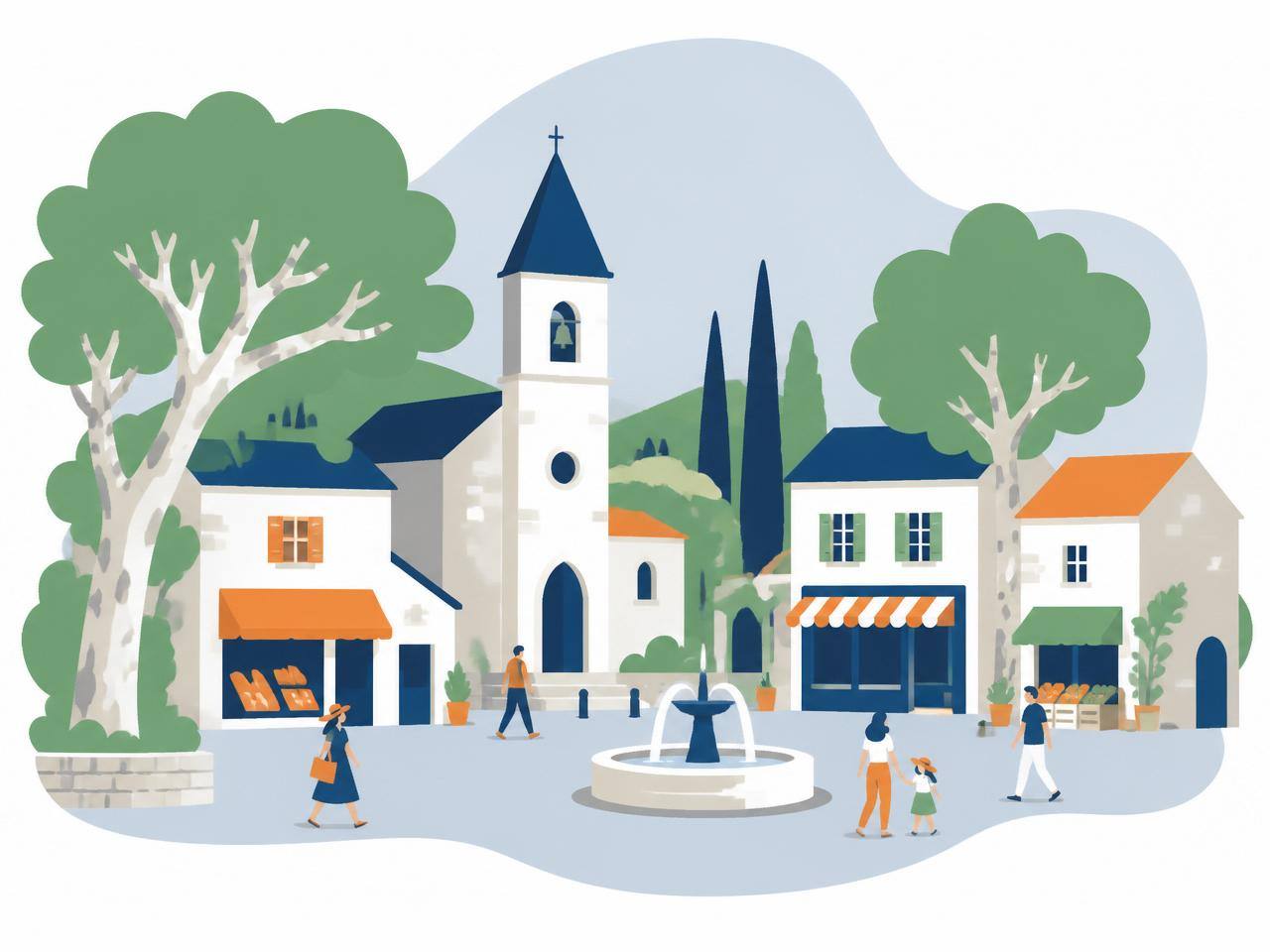 Illustration d'un village rural français avec son église et ses commerces
